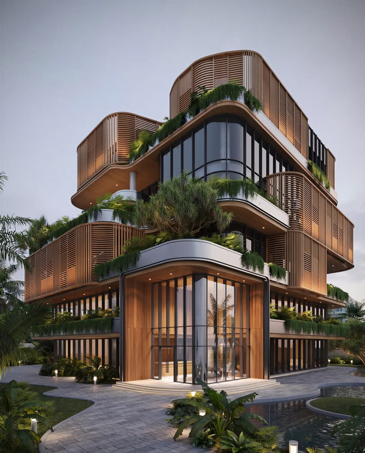Riverfront terrace residence at dusk